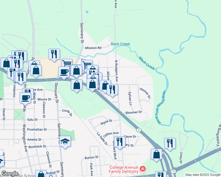 map of restaurants, bars, coffee shops, grocery stores, and more near 2509 Alfaretta Avenue in Alton