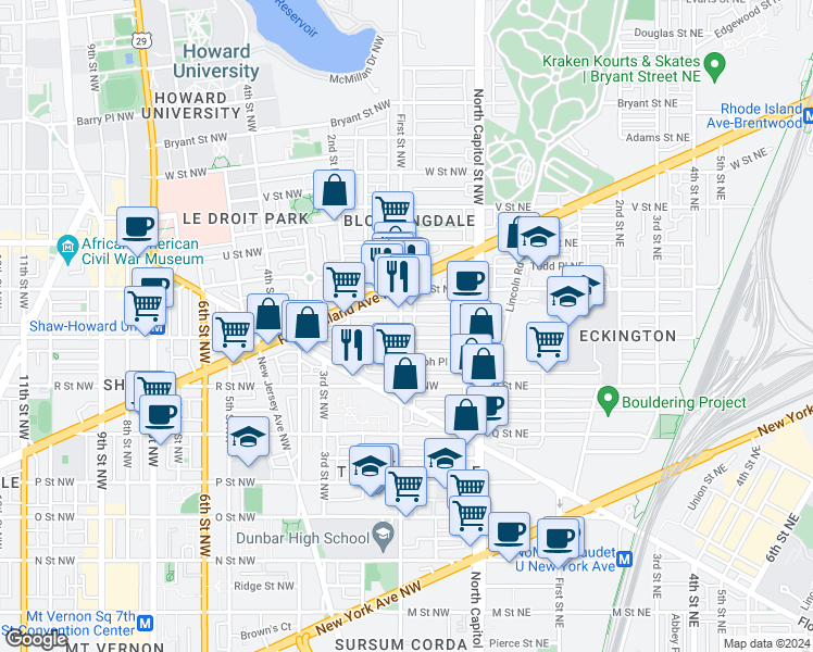 map of restaurants, bars, coffee shops, grocery stores, and more near 1809 1st Street Northwest in Washington