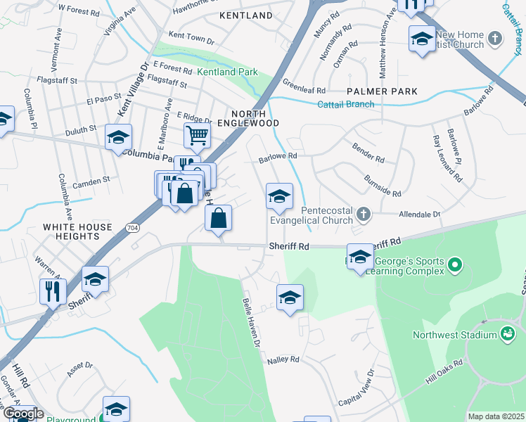 map of restaurants, bars, coffee shops, grocery stores, and more near 1772 Village Green Drive in Hyattsville