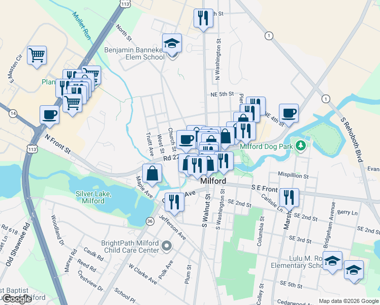 map of restaurants, bars, coffee shops, grocery stores, and more near 117 Northwest Front Street in Milford