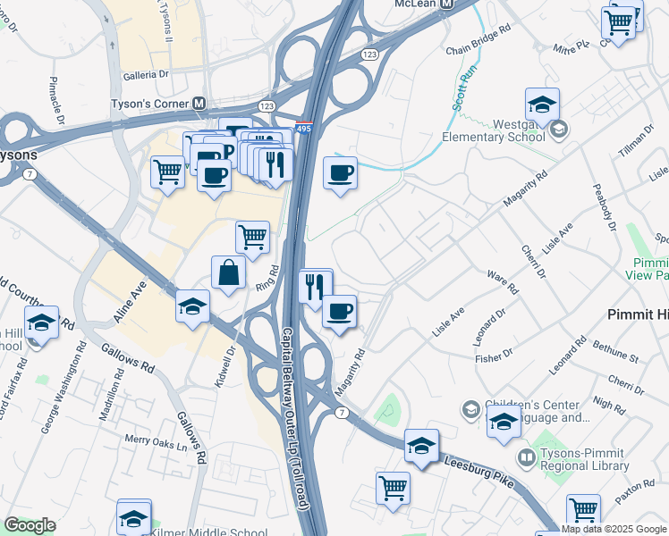 map of restaurants, bars, coffee shops, grocery stores, and more near 1912 Wilson Lane in McLean