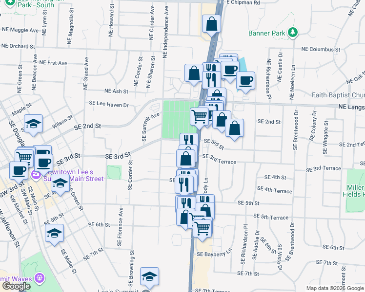 map of restaurants, bars, coffee shops, grocery stores, and more near 815 Southeast 3rd Street in Lee's Summit