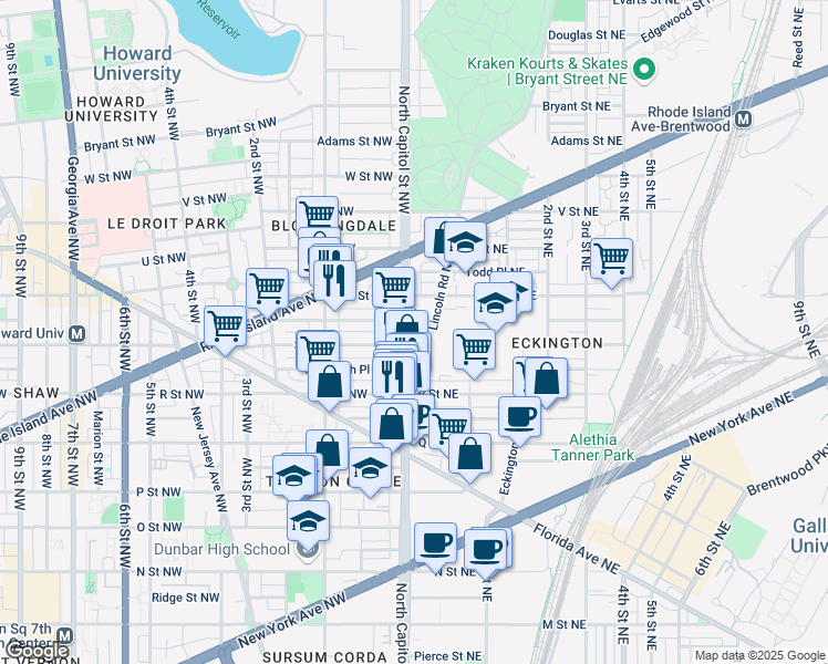 map of restaurants, bars, coffee shops, grocery stores, and more near 1813 North Capitol Street Northeast in Washington