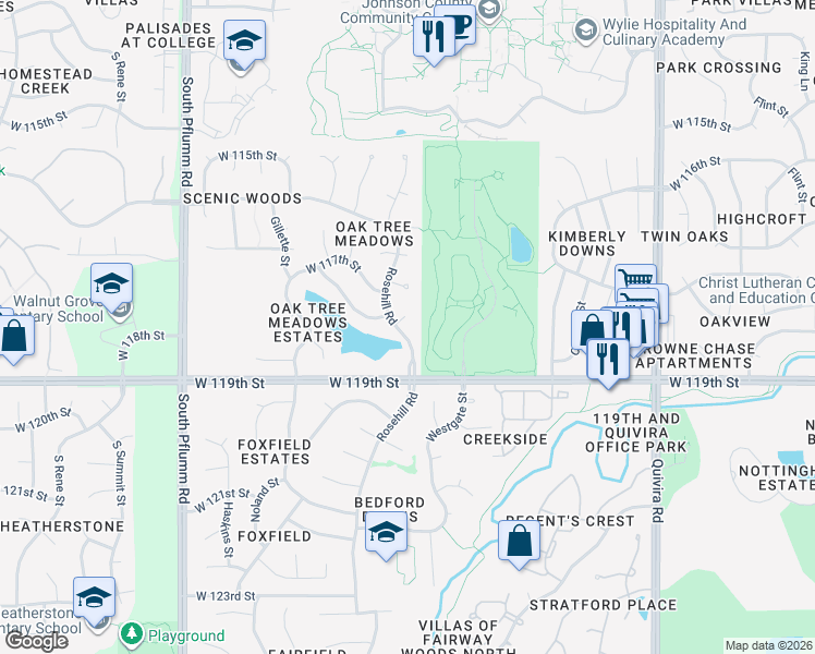 map of restaurants, bars, coffee shops, grocery stores, and more near 11820 Rosehill Road in Overland Park