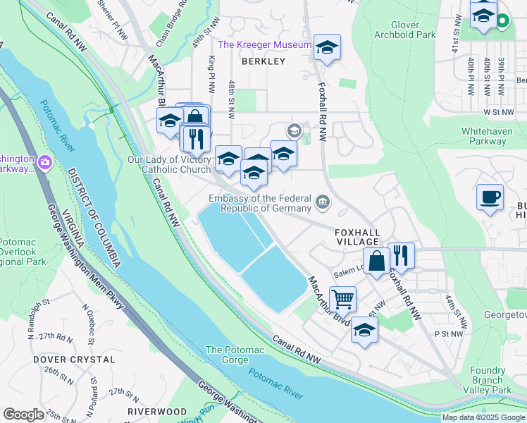 map of restaurants, bars, coffee shops, grocery stores, and more near 4757 MacArthur Boulevard Northwest in Washington