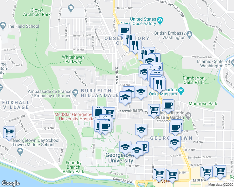 map of restaurants, bars, coffee shops, grocery stores, and more near 37th Street Northwest in Washington
