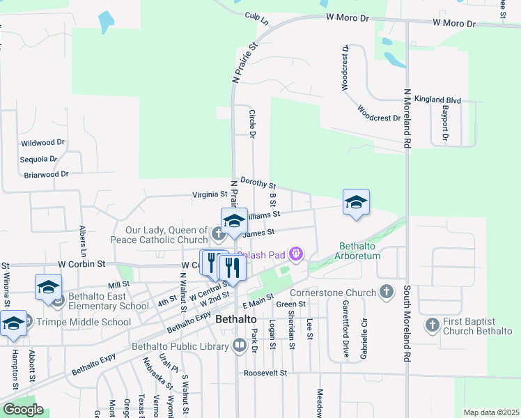 map of restaurants, bars, coffee shops, grocery stores, and more near 707 Dugger Street in Bethalto