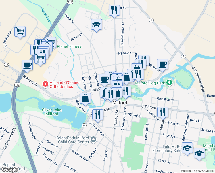 map of restaurants, bars, coffee shops, grocery stores, and more near 105 Northwest Front Street in Milford