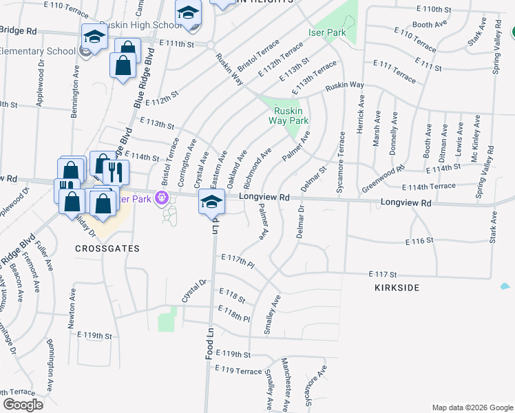 map of restaurants, bars, coffee shops, grocery stores, and more near 11502 Palmer Avenue in Kansas City