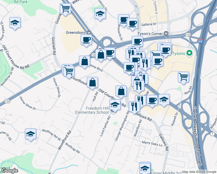 map of restaurants, bars, coffee shops, grocery stores, and more near 8296 Old Courthouse Road in Tysons