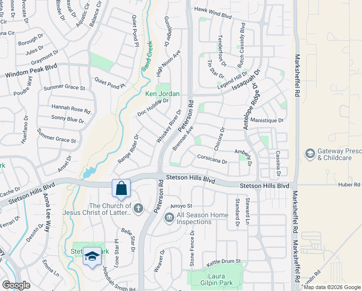 map of restaurants, bars, coffee shops, grocery stores, and more near 7268 Amberly Drive in Colorado Springs