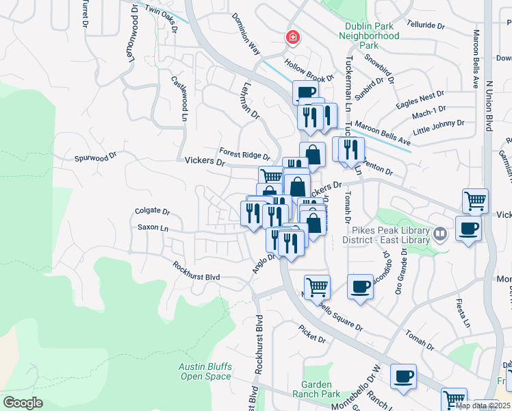 map of restaurants, bars, coffee shops, grocery stores, and more near 1985 Mittenwald Drive in Colorado Springs