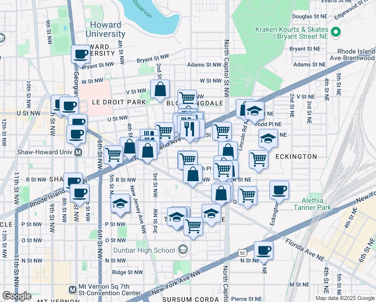 map of restaurants, bars, coffee shops, grocery stores, and more near 101 Independence Avenue Southeast in Washington
