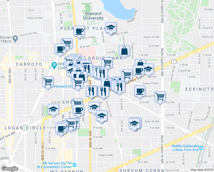 map of restaurants, bars, coffee shops, grocery stores, and more near 101 Independence Avenue Southeast in Washington