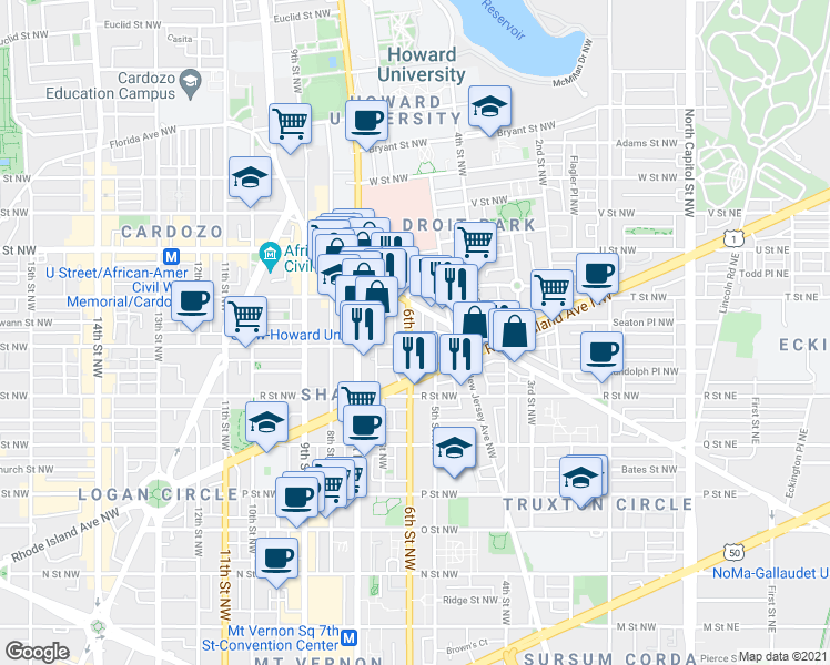 map of restaurants, bars, coffee shops, grocery stores, and more near 101 Independence Avenue Southeast in Washington