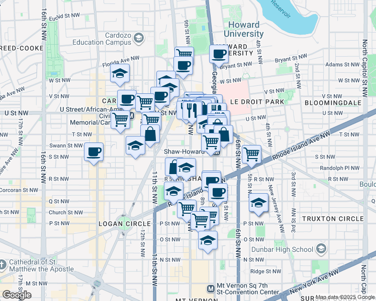 map of restaurants, bars, coffee shops, grocery stores, and more near 1815 9th Street Northwest in Washington