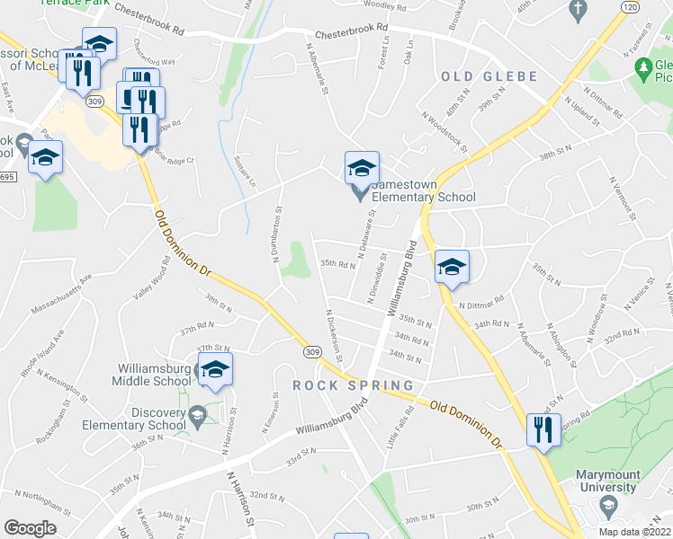 map of restaurants, bars, coffee shops, grocery stores, and more near 5046 35th Road North in Arlington