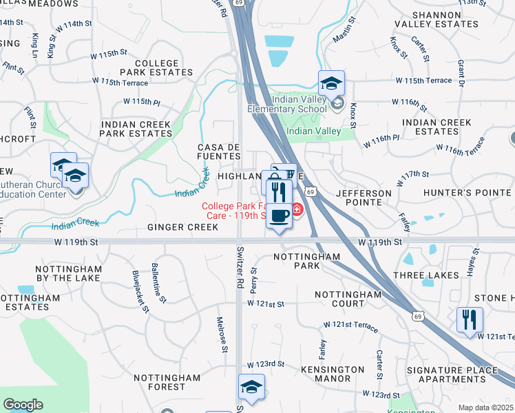 map of restaurants, bars, coffee shops, grocery stores, and more near 10206 West 118th Terrace in Overland Park