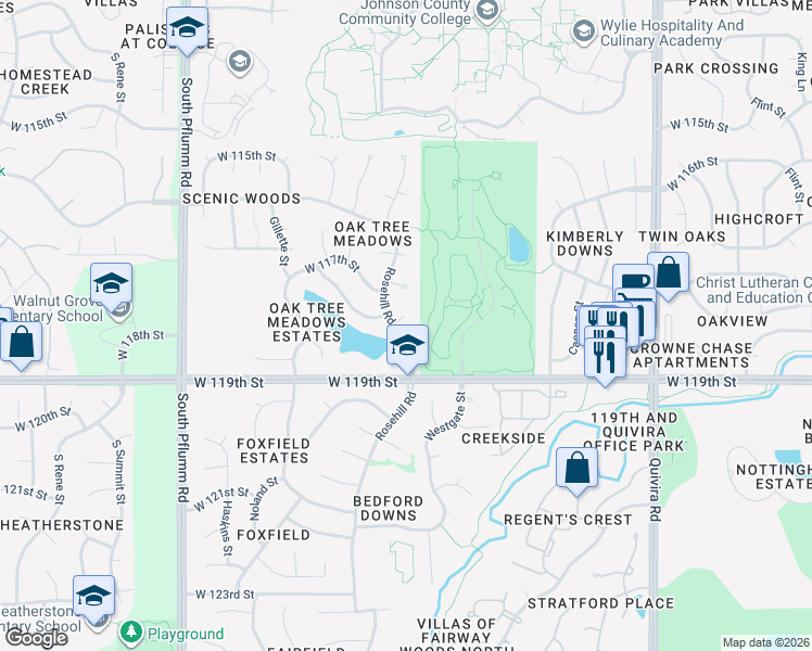 map of restaurants, bars, coffee shops, grocery stores, and more near 11820 Rosehill Road in Overland Park