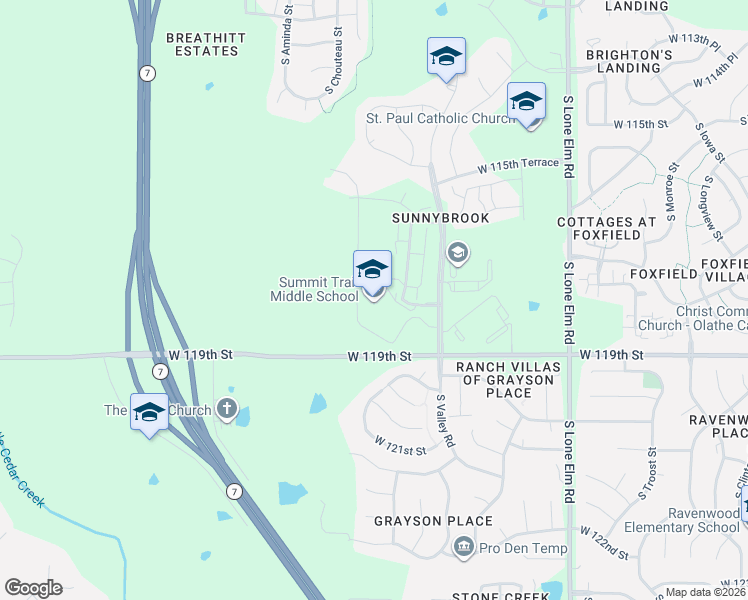 map of restaurants, bars, coffee shops, grocery stores, and more near 22100 West 119th Street in Olathe