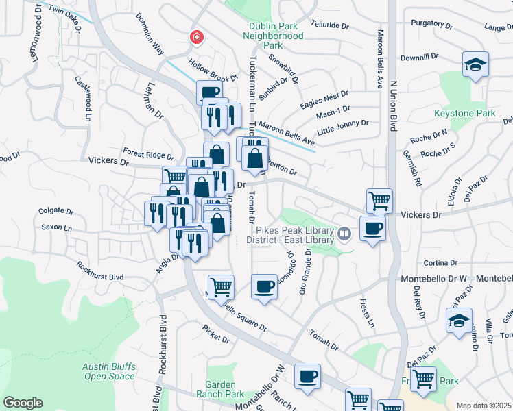 map of restaurants, bars, coffee shops, grocery stores, and more near 5735 Tomah Drive in Colorado Springs