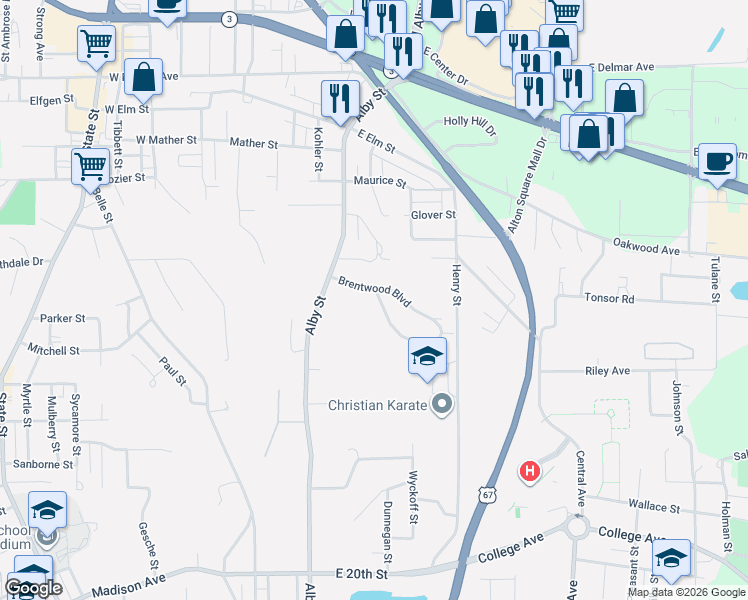 map of restaurants, bars, coffee shops, grocery stores, and more near 301 Lindenwood Boulevard in Alton