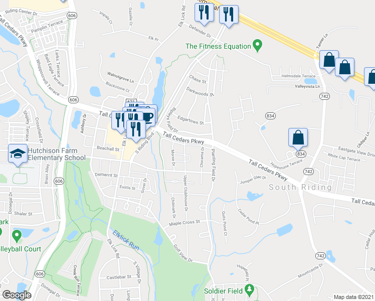 map of restaurants, bars, coffee shops, grocery stores, and more near 25408 Upper Clubhouse Drive in Chantilly
