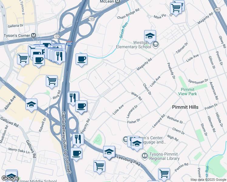 map of restaurants, bars, coffee shops, grocery stores, and more near 7711 County Road 650 in Tysons