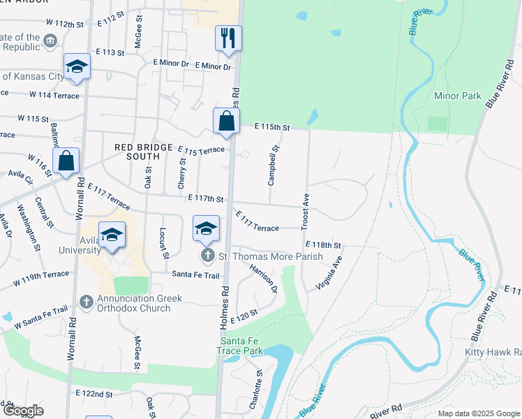map of restaurants, bars, coffee shops, grocery stores, and more near 805 East 117th Street in Kansas City