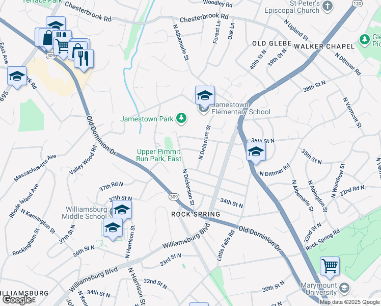 map of restaurants, bars, coffee shops, grocery stores, and more near 5046 35th Road North in Arlington
