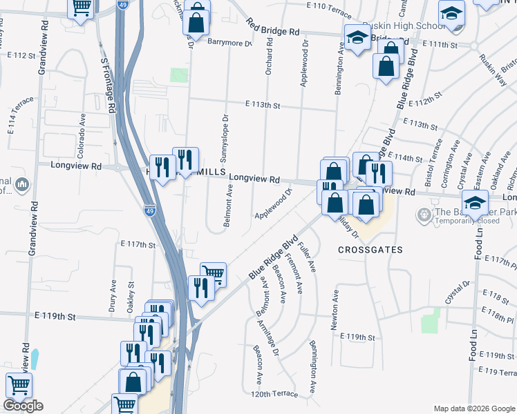 map of restaurants, bars, coffee shops, grocery stores, and more near 11511 Orchard Road in Kansas City