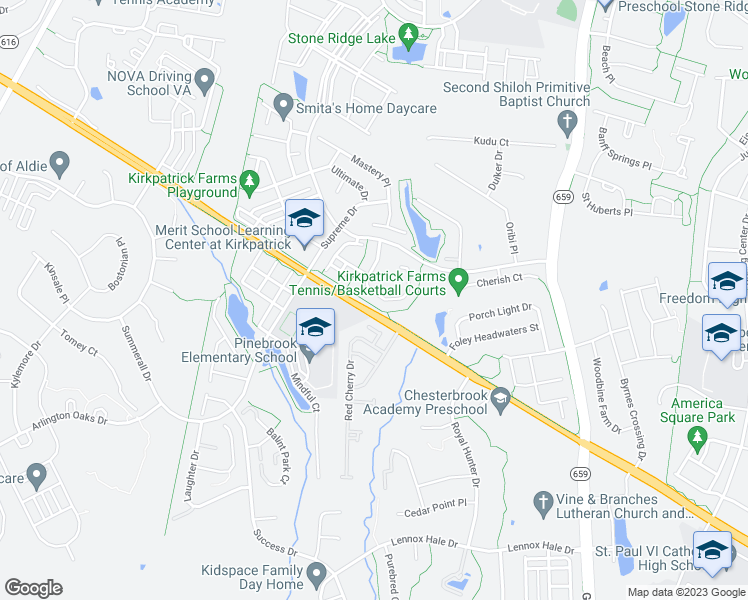 map of restaurants, bars, coffee shops, grocery stores, and more near 25407 Vacation Place in Aldie