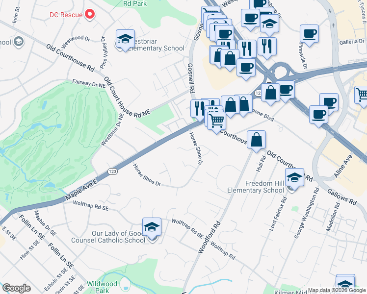 map of restaurants, bars, coffee shops, grocery stores, and more near 8508 Ashgrove Plantation Circle in Vienna