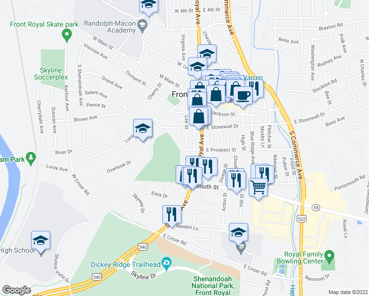 map of restaurants, bars, coffee shops, grocery stores, and more near 239 Lee Street in Front Royal