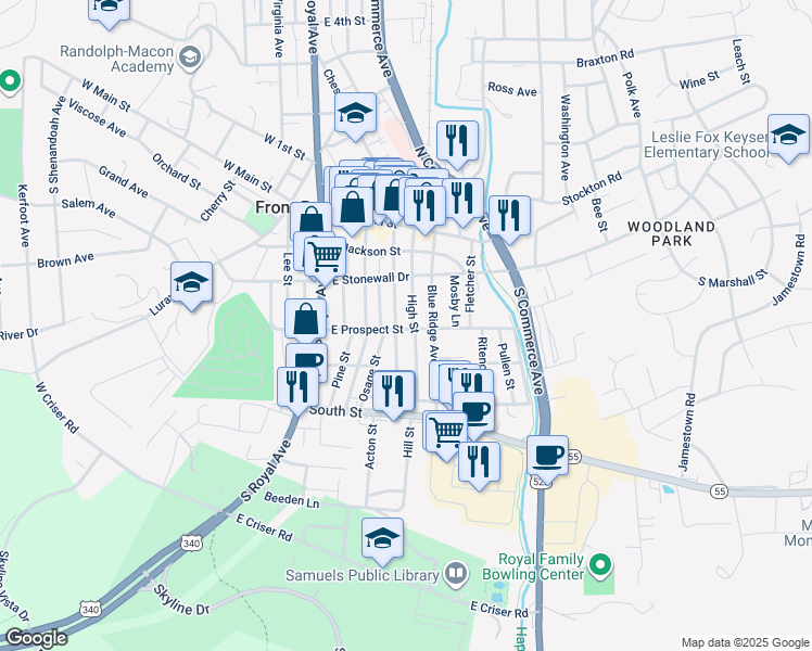 map of restaurants, bars, coffee shops, grocery stores, and more near 310 East Prospect Street in Front Royal