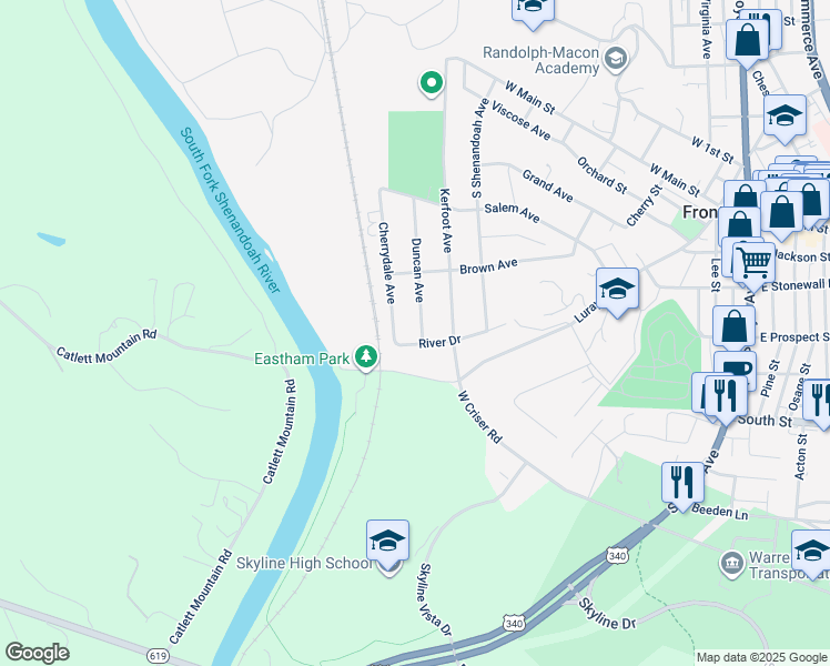 map of restaurants, bars, coffee shops, grocery stores, and more near 426 Duncan Avenue in Front Royal