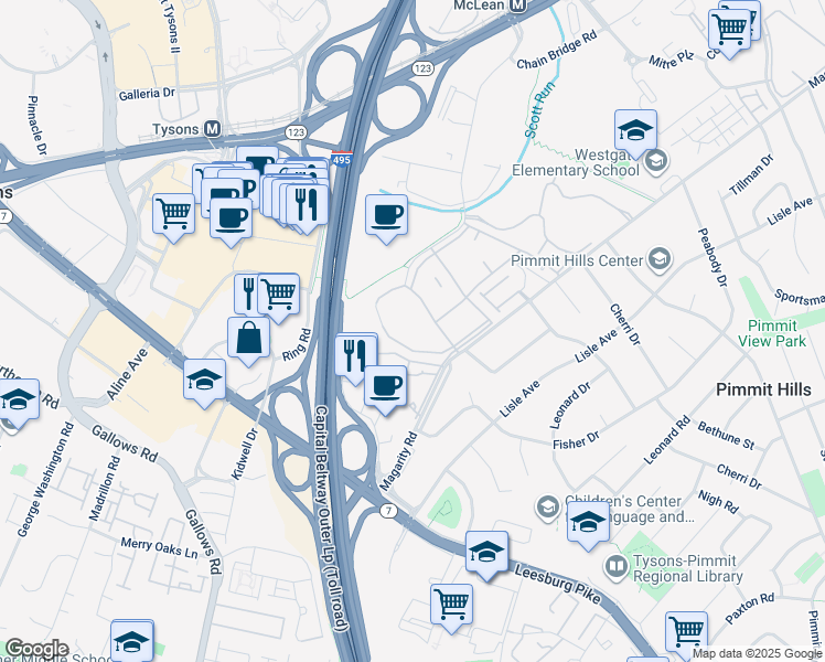 map of restaurants, bars, coffee shops, grocery stores, and more near 1935 Wilson Lane in McLean
