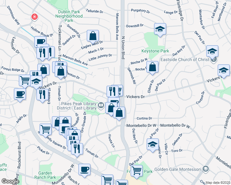 map of restaurants, bars, coffee shops, grocery stores, and more near 2780 Vickers Drive in Colorado Springs