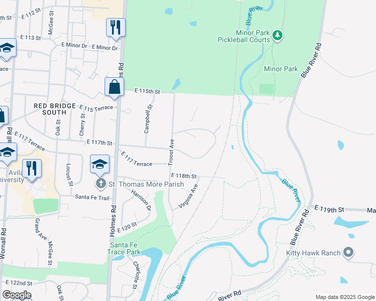 map of restaurants, bars, coffee shops, grocery stores, and more near 1120 East 117th Street in Kansas City