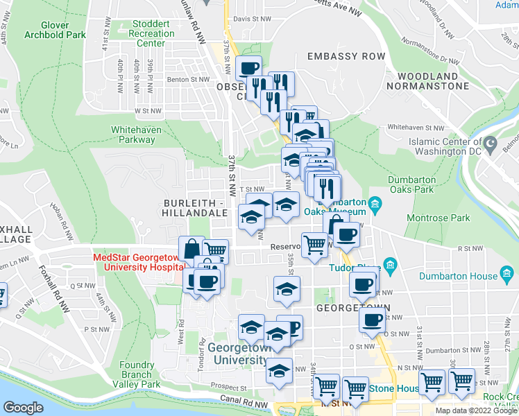 map of restaurants, bars, coffee shops, grocery stores, and more near S St NW & 36th St NW in Washington