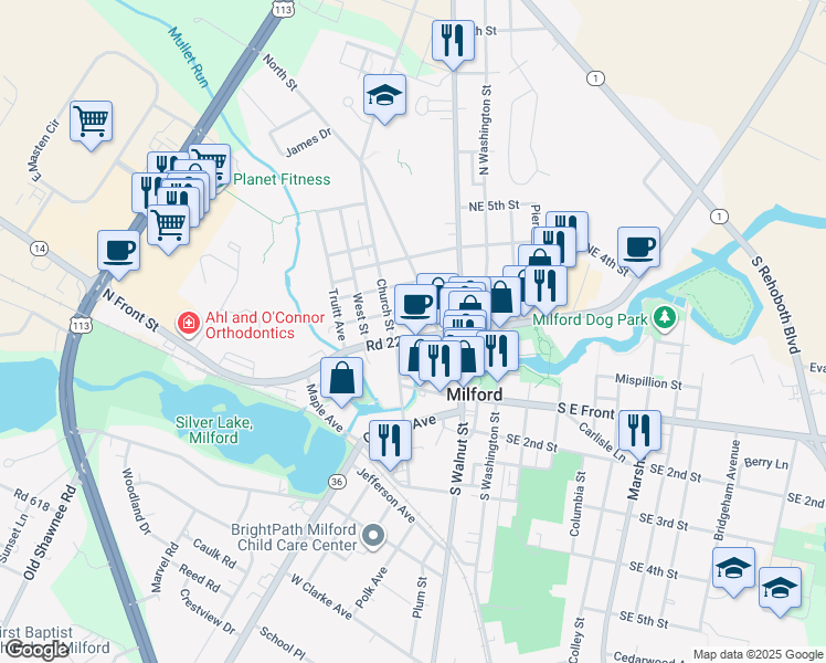 map of restaurants, bars, coffee shops, grocery stores, and more near 117 Northwest Front Street in Milford