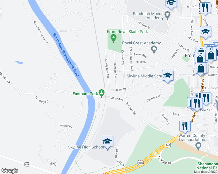 map of restaurants, bars, coffee shops, grocery stores, and more near 427 Cherrydale Avenue in Front Royal