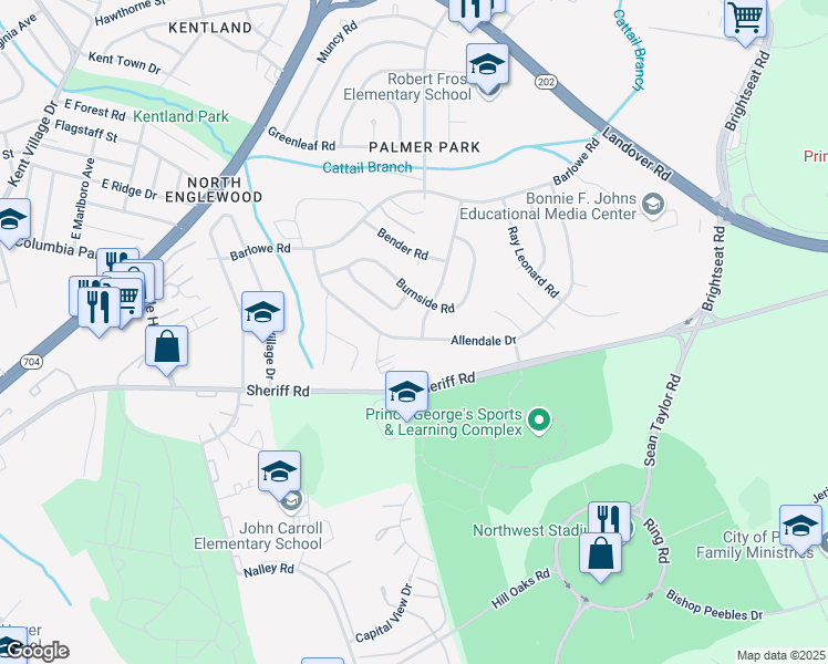 map of restaurants, bars, coffee shops, grocery stores, and more near 7726 Allendale Drive in Greater Landover