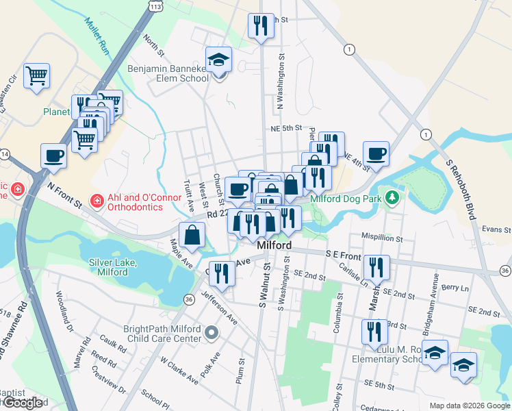 map of restaurants, bars, coffee shops, grocery stores, and more near 19 Northwest Front Street in Milford
