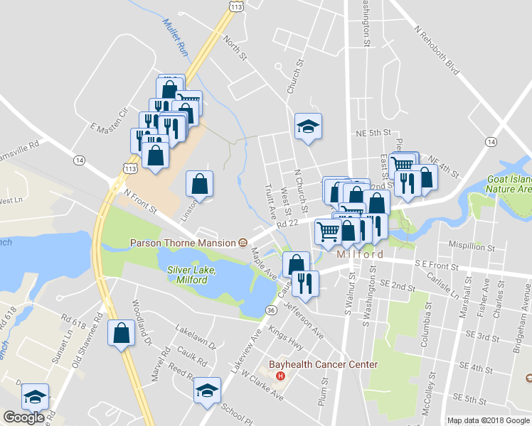 map of restaurants, bars, coffee shops, grocery stores, and more near 112 Truitt Avenue in Milford