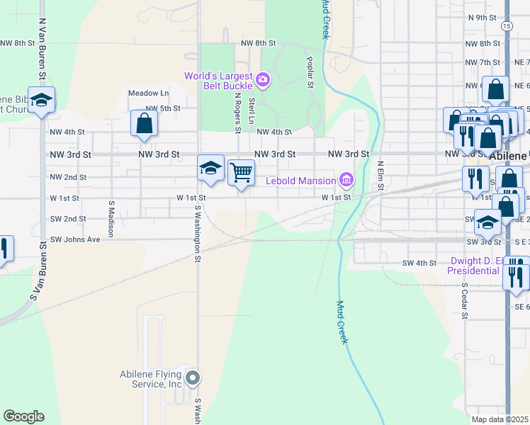 map of restaurants, bars, coffee shops, grocery stores, and more near 1007 W 1st St in Abilene