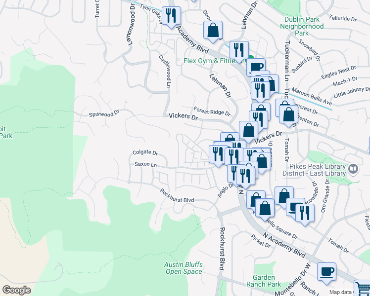 map of restaurants, bars, coffee shops, grocery stores, and more near 5702 Appalachian View in Colorado Springs