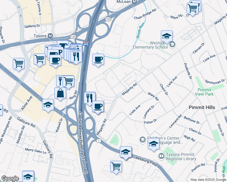 map of restaurants, bars, coffee shops, grocery stores, and more near 1941 Kennedy Drive in Tysons