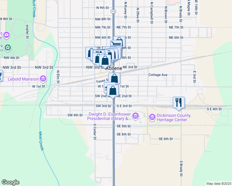map of restaurants, bars, coffee shops, grocery stores, and more near 108 S Buckeye Ave in Abilene