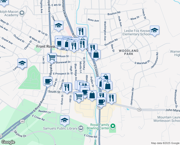 map of restaurants, bars, coffee shops, grocery stores, and more near 554 East Prospect Street in Front Royal